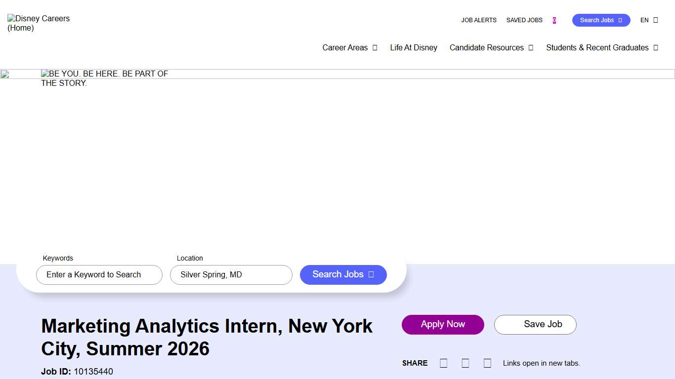 Marketing Analytics Intern, New York City, Summer 2026 at DISNEY - Disney Careers